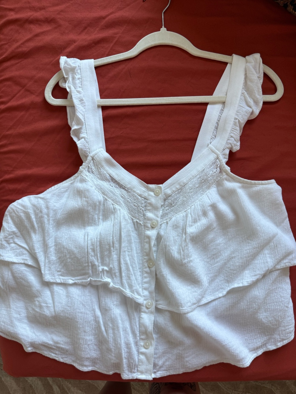 American Eagle Outfitters White Ruffled Strap Button-Front Tank